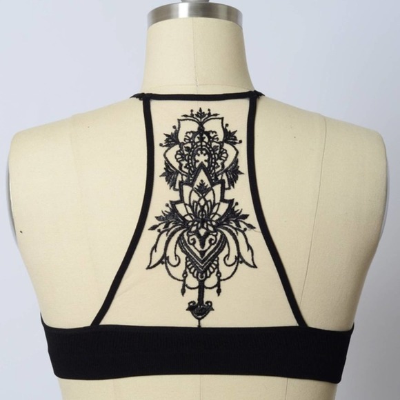 Black Floral Lace Mesh Racerback Tattoo Bralette - Picture 13 of 16